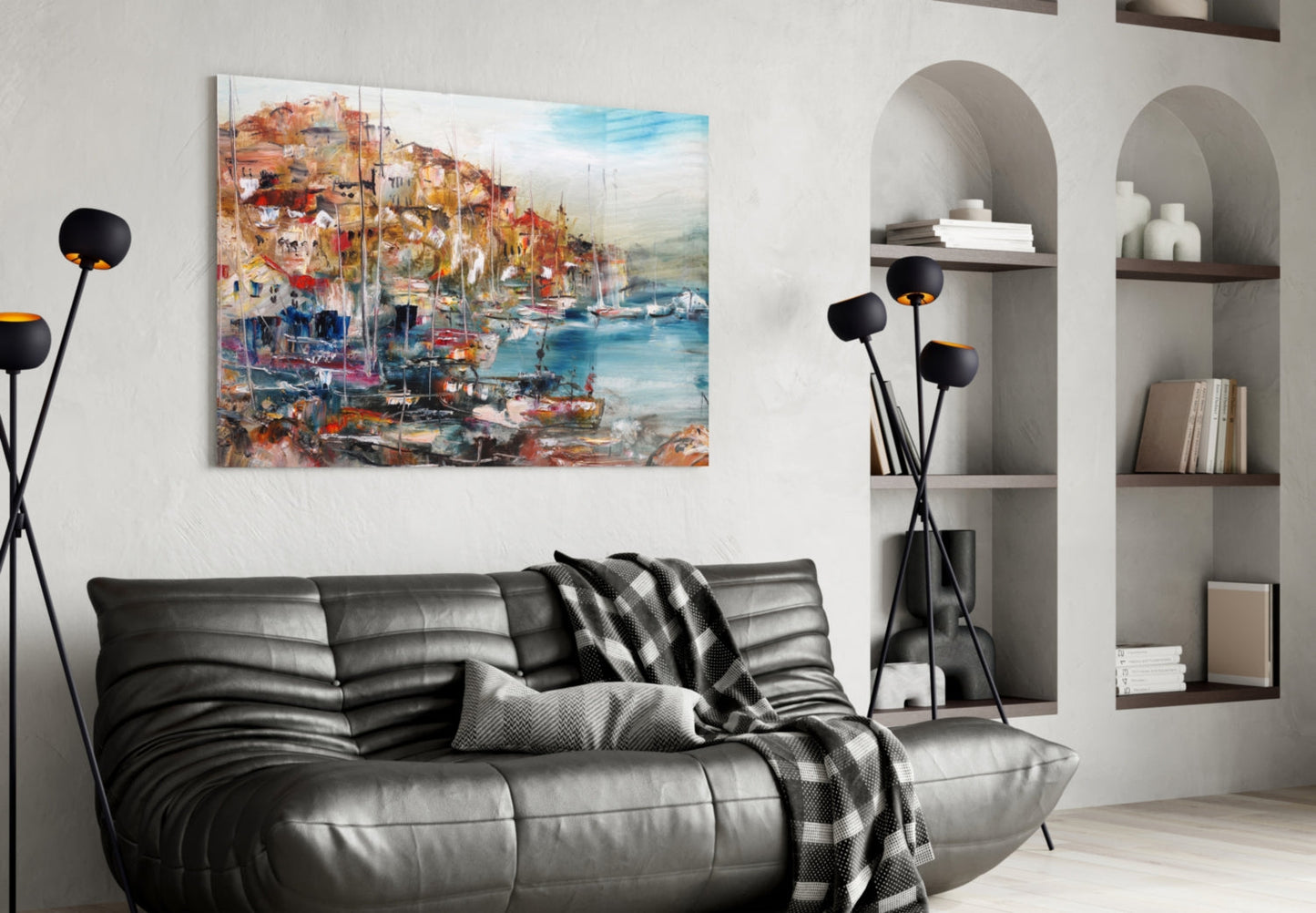 Colorful Harbor Town With Sailboats Glass Wall Art