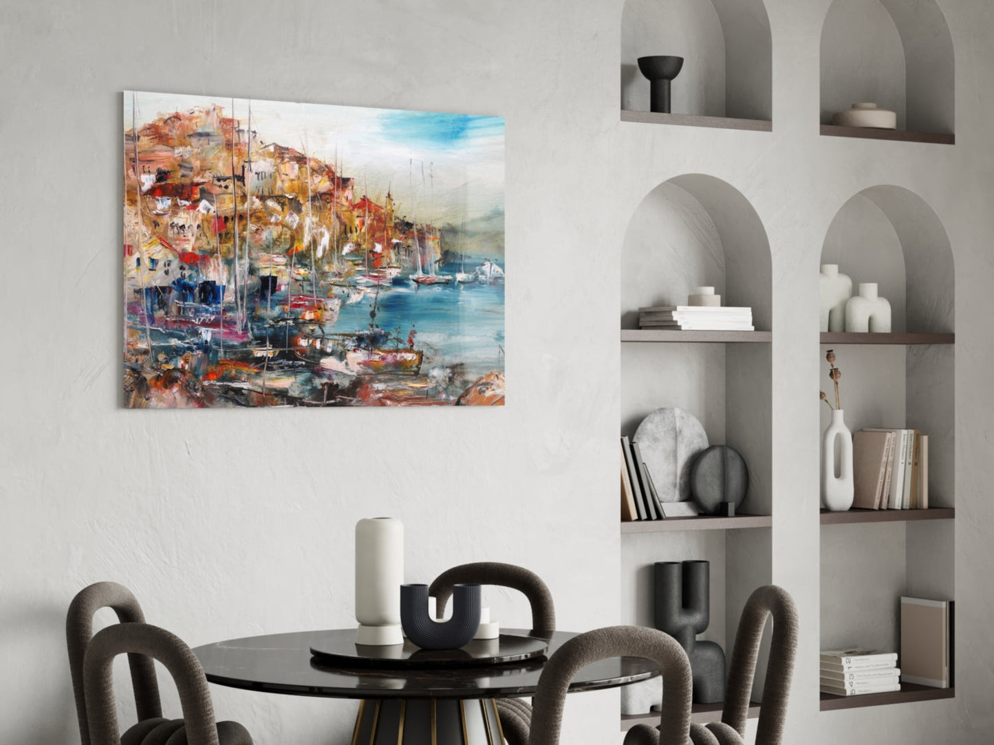 Colorful Harbor Town With Sailboats Glass Wall Art