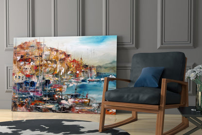 Colorful Harbor Town With Sailboats Glass Wall Art