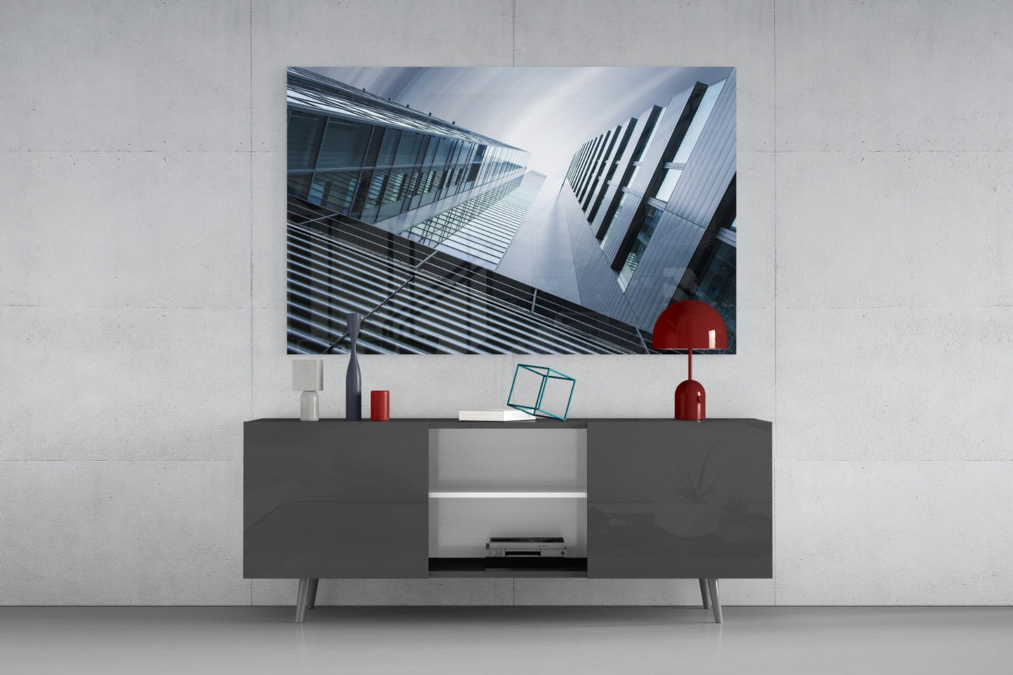 Blue Gray Skyscrapers Seen From Below Glass Wall Art