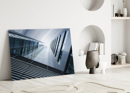 Blue Gray Skyscrapers Seen From Below Glass Wall Art