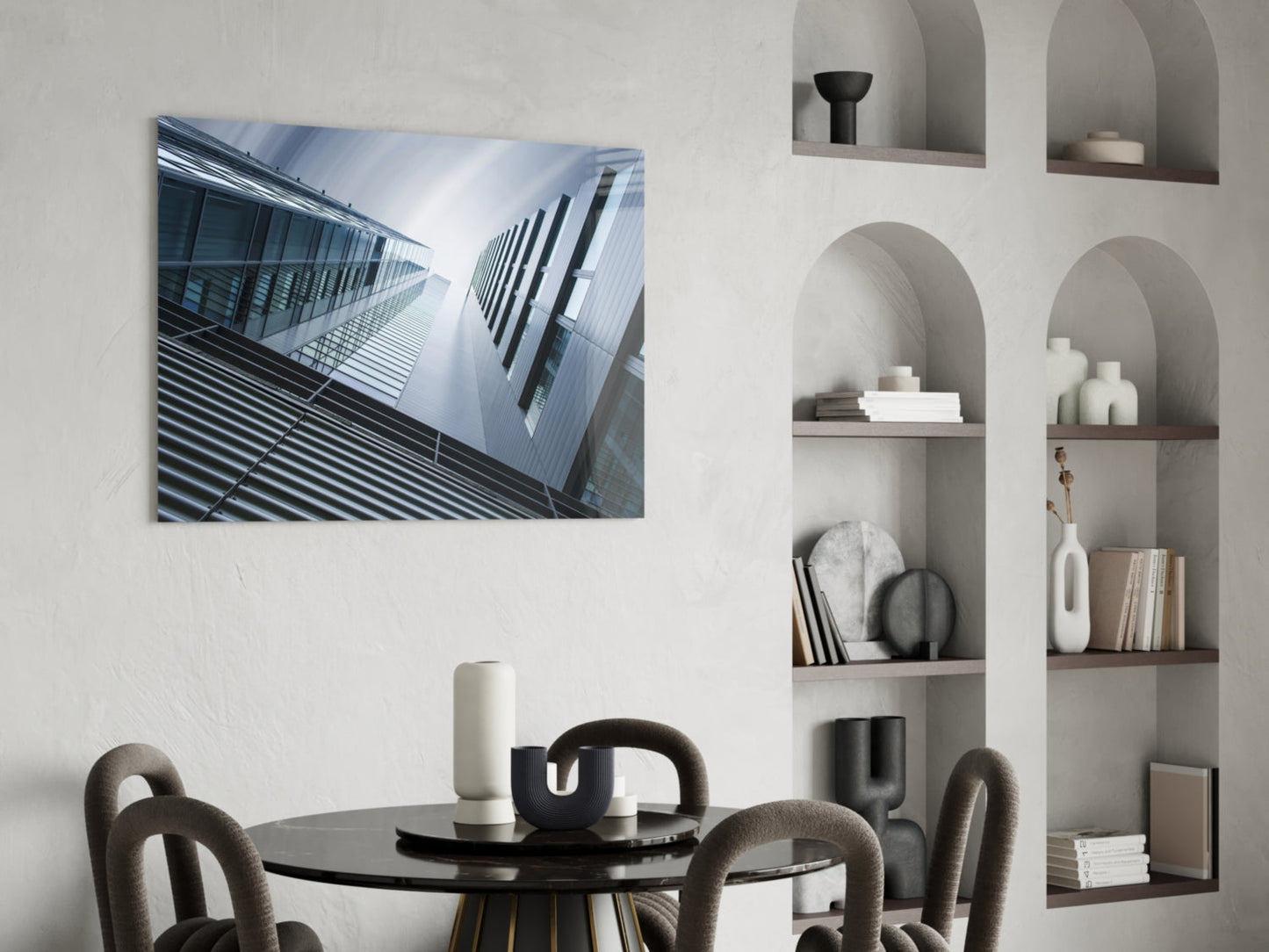 Blue Gray Skyscrapers Seen From Below Glass Wall Art