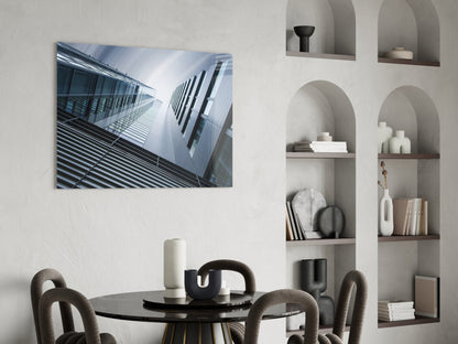 Blue Gray Skyscrapers Seen From Below Glass Wall Art