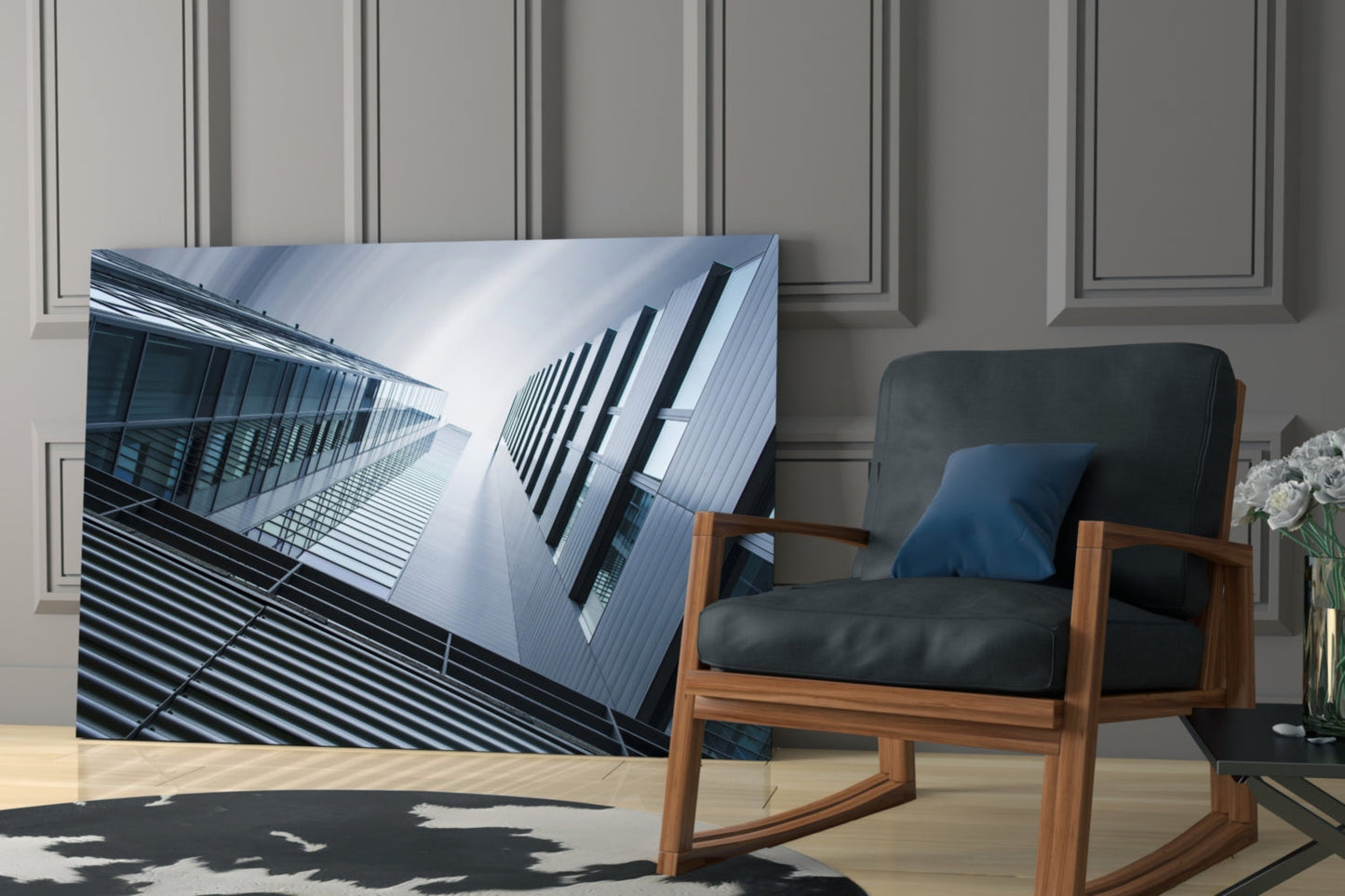 Blue Gray Skyscrapers Seen From Below Glass Wall Art