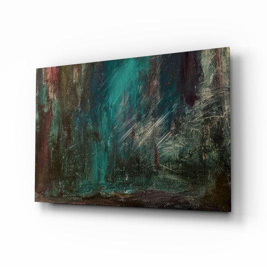 Angled view of teal and deep green abstract glass wall art with layered brushstroke textures and burgundy accents, mounted on white background.