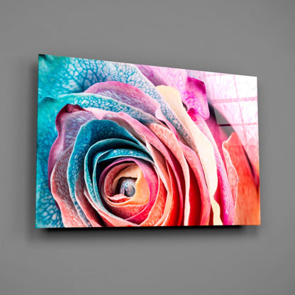 Angled view of a glass wall art panel displaying a vibrant multicolored rose with turquoise, pink, coral, and red layered petals.
