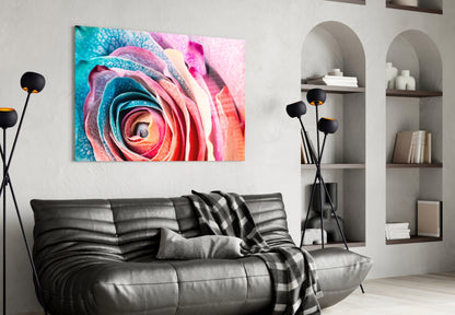 Vibrant multicolored rose glass art hanging above black leather sofa in modern living room with arched shelving.