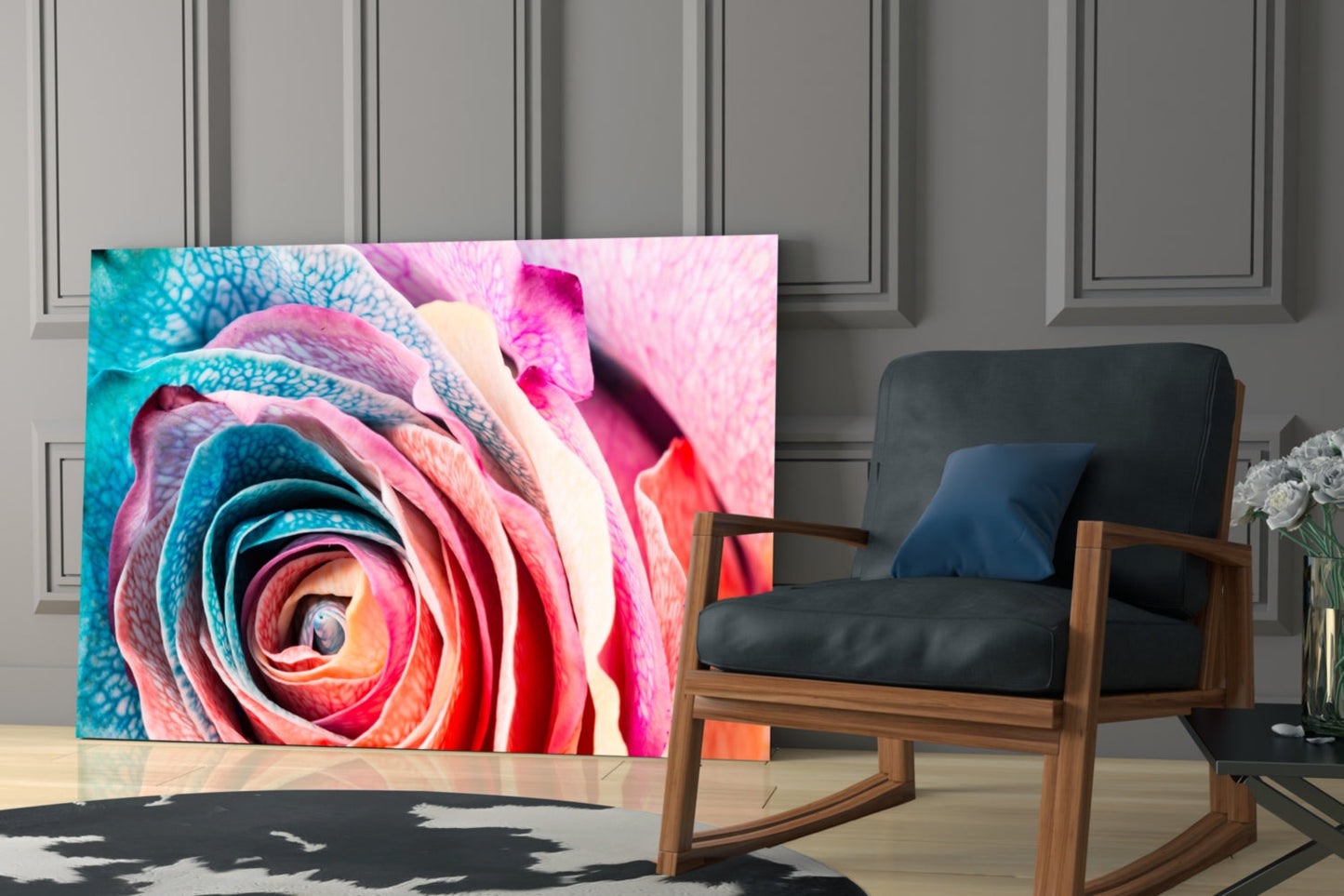 Colorful rose glass wall art displaying vibrant pink, turquoise, and coral petals displayed in modern living room interior.