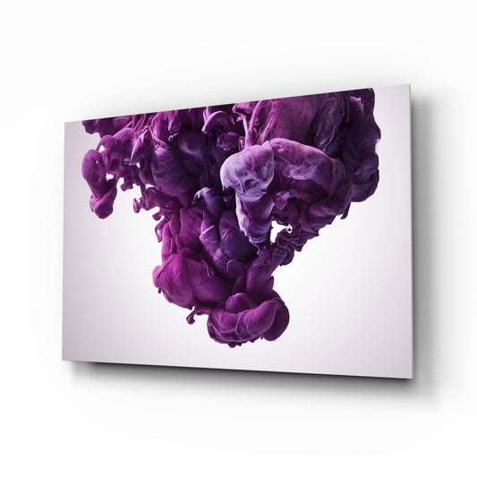 Purple smoke cloud formations suspended in glass panel displayed at angled perspective against white background.