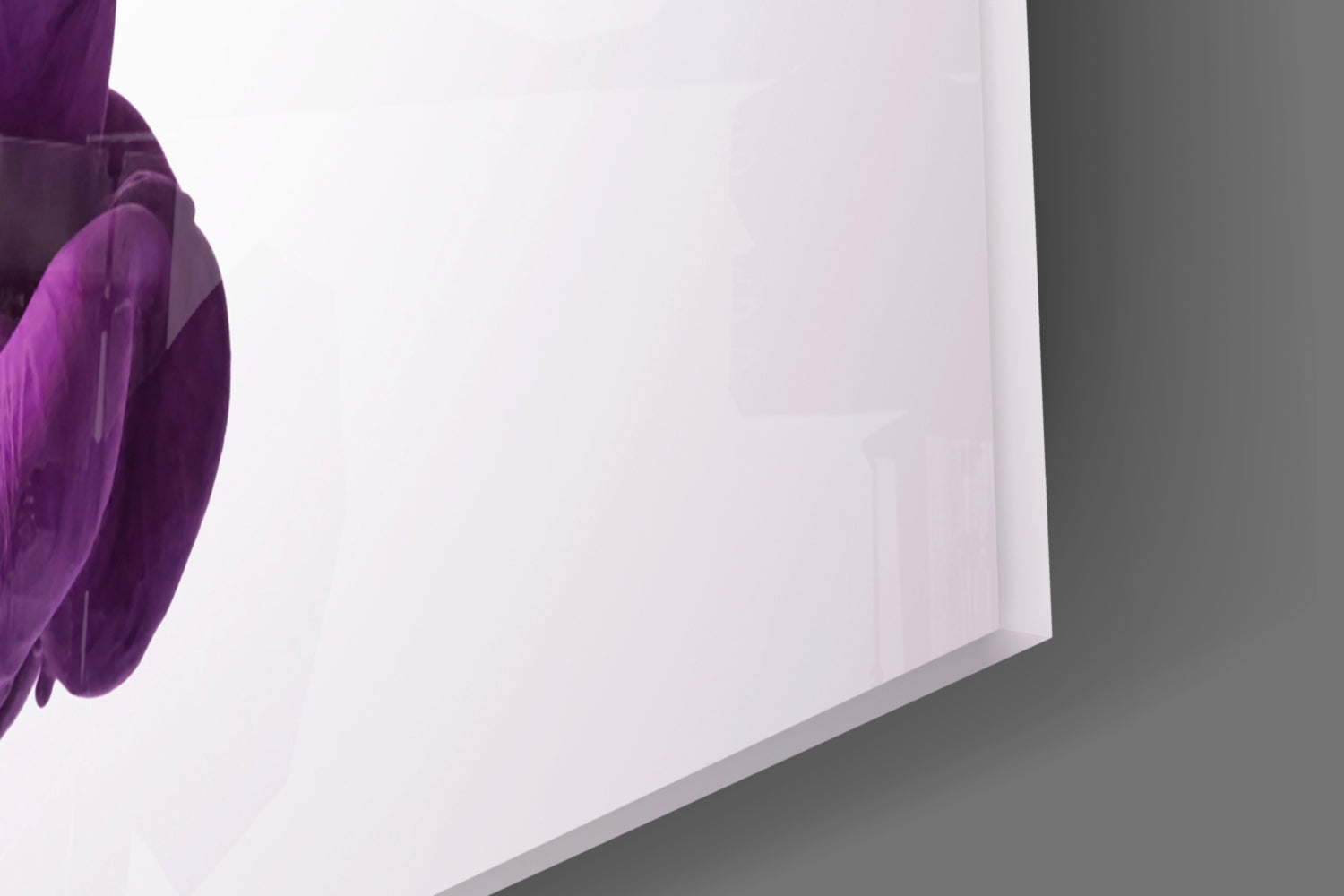 Close-up corner view of purple smoke glass wall art showing deep violet swirled patterns against white and gray background.