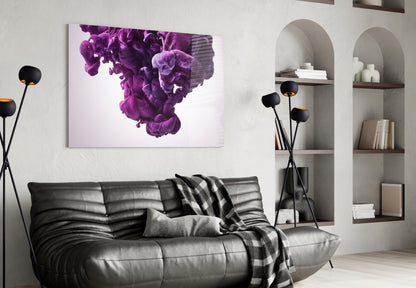 Purple smoke glass wall art displayed above a black leather sofa in a modern living room setting.