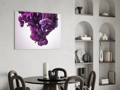 Purple smoke cloud glass wall art hung above a round black dining table with grey chairs and white shelving unit displaying decorative items.