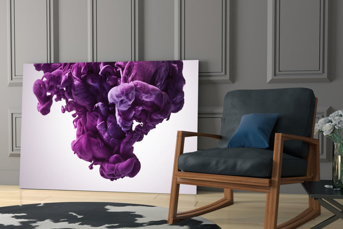 Purple smoke glass wall art displayed leaning against grey paneled wall beside wooden chair with black cushions.