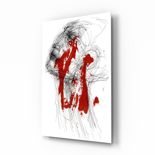 Glass wall art featuring a sketched figure's profile with red paint splashes across the torso and chest area, displayed at an angle.