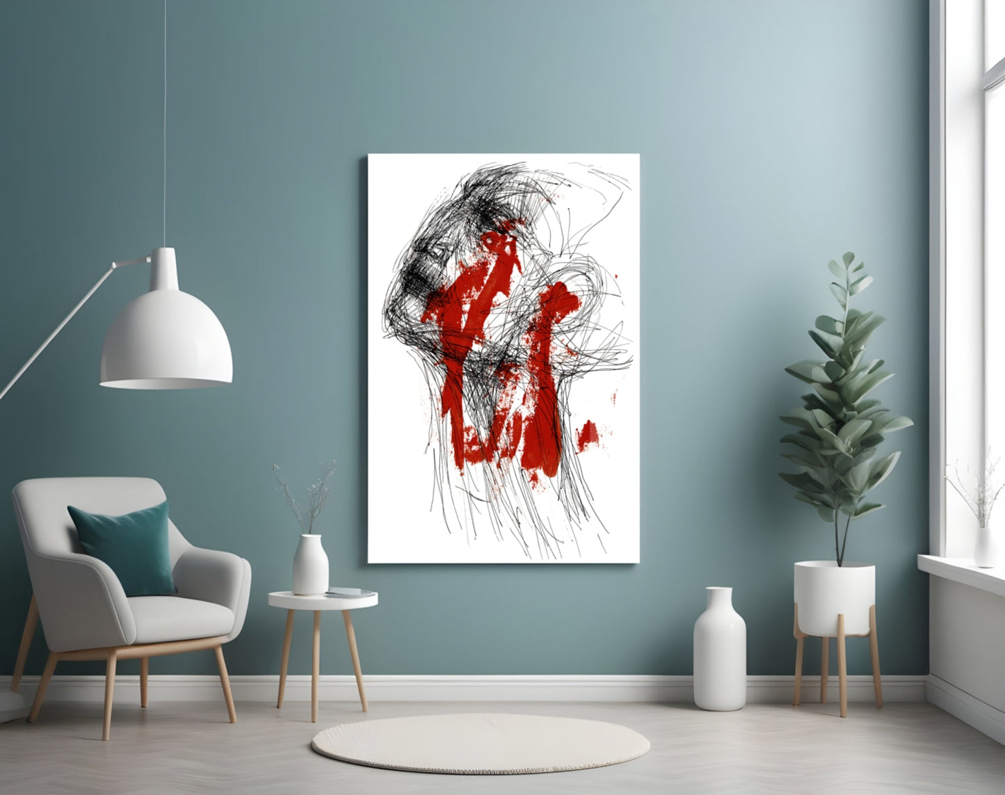 Red Thoughts Glass Wall Art displayed on a teal wall above a white armchair in a minimalist living room setting.