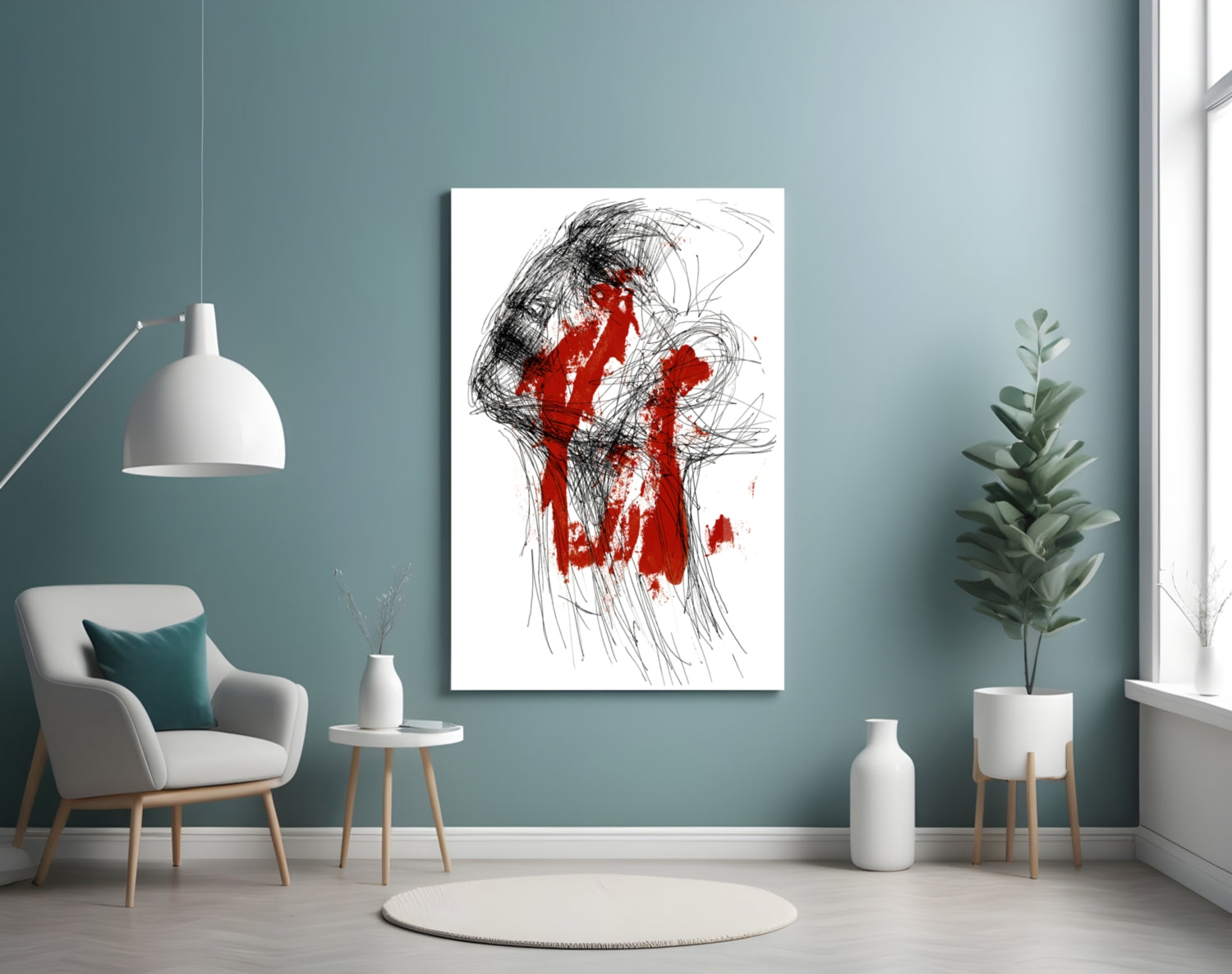Red Thoughts Glass Wall Art displayed on a teal wall above a white armchair in a minimalist living room setting.