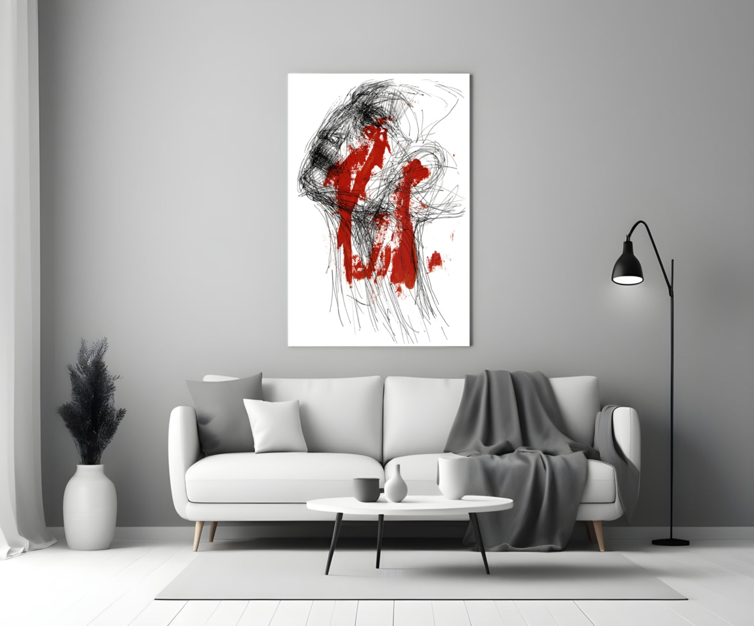 Red Thoughts glass wall art displayed above a white sofa in a minimalist living room interior.