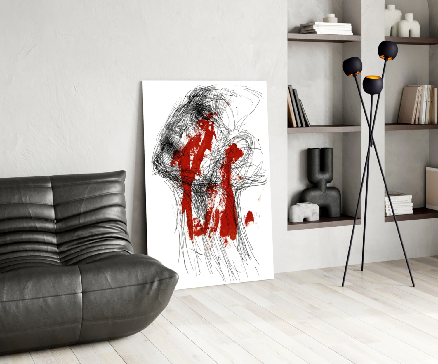 Red Thoughts glass wall art displayed in modern living room with black leather chair, shelving unit, and decorative floor lamp.