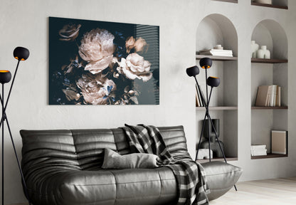 Dark Cream Peony Bouquet Glass Wall Art