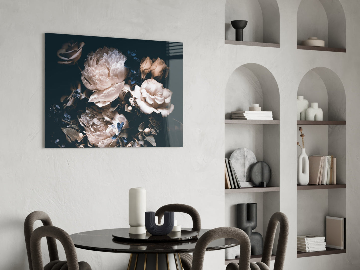 Dark Cream Peony Bouquet Glass Wall Art