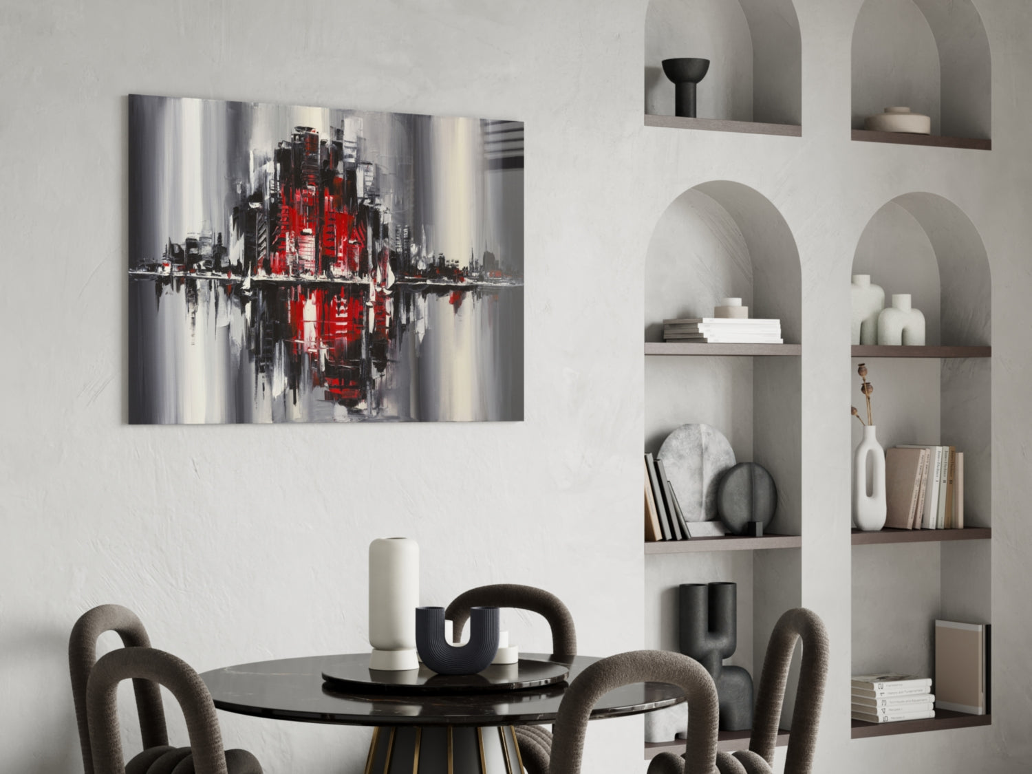 Modern dining room with red and gray abstract cityscape glass wall art above black round table and curved tan chairs.