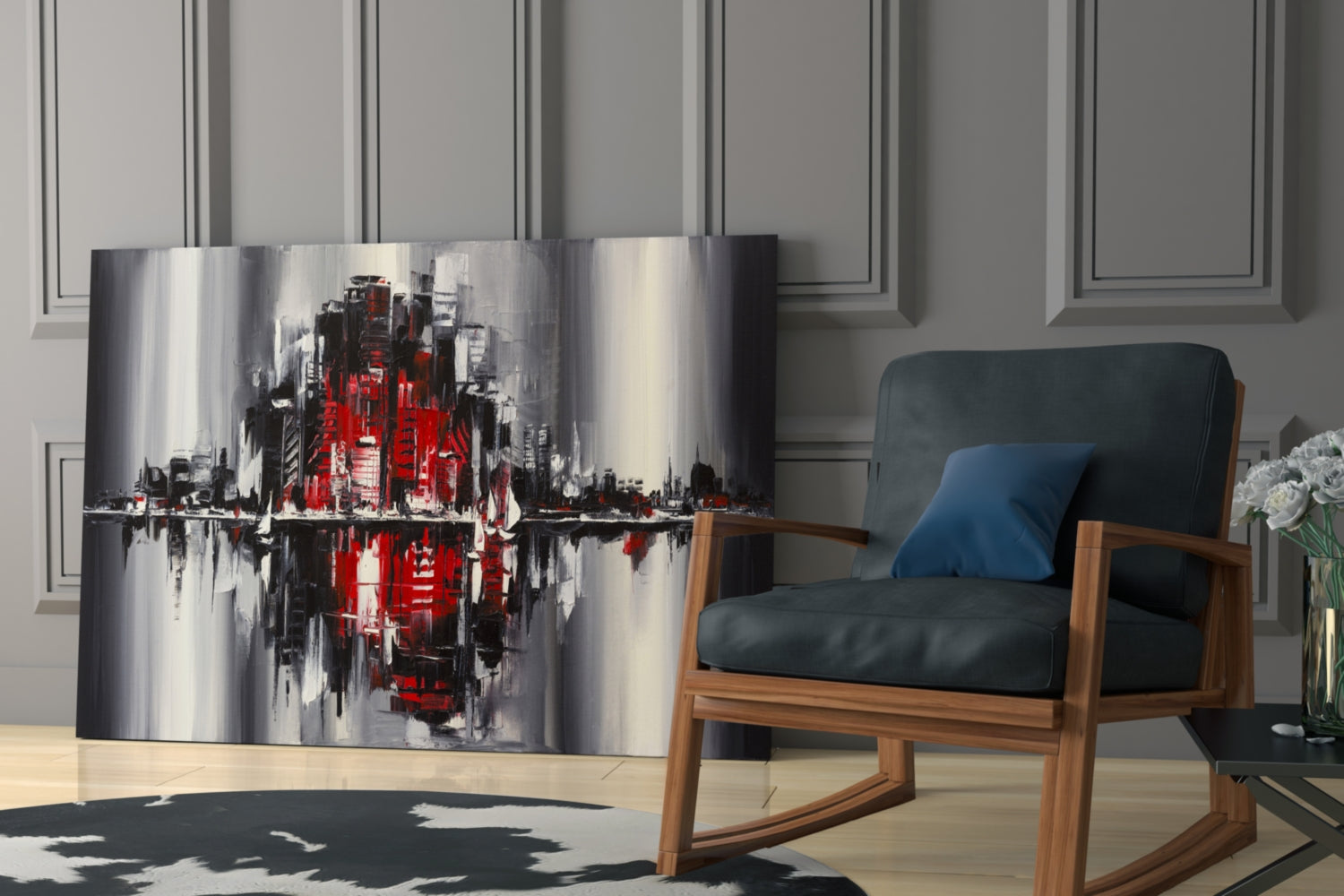 Modern living room with curved glass wall art featuring red and gray abstract cityscape, displayed beside wooden-framed chair with dark cushions.
