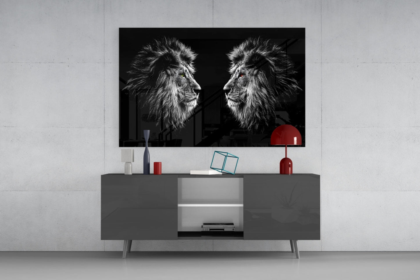 Facing Lions Colored Eyes Glass Wall Art