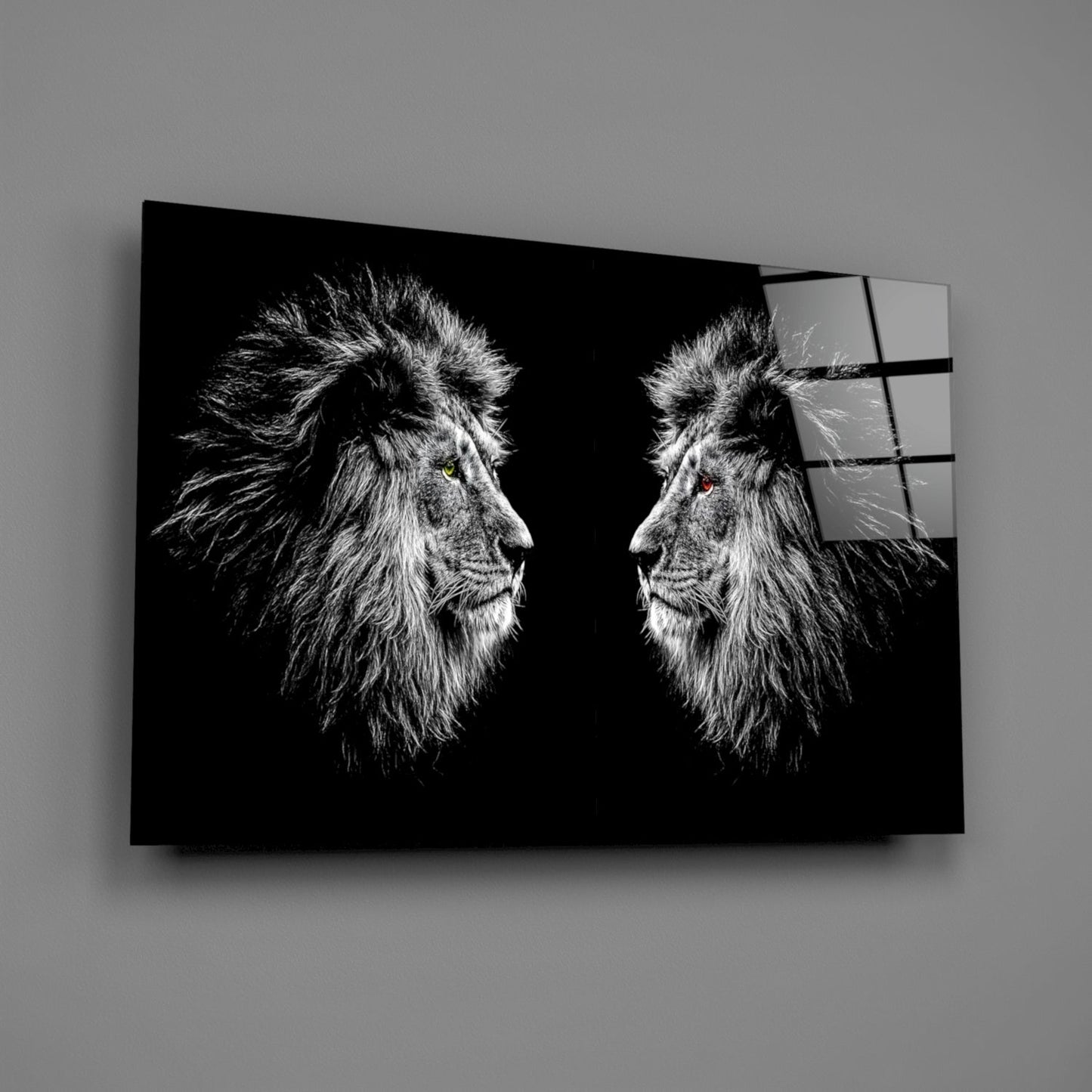 Facing Lions Colored Eyes Glass Wall Art