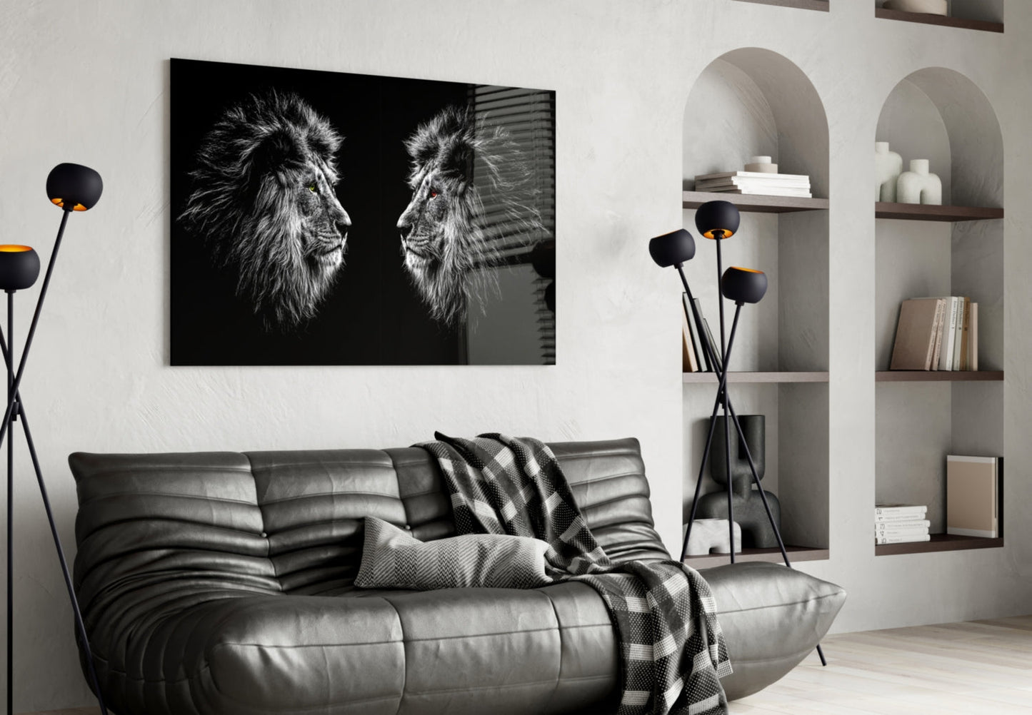 Facing Lions Colored Eyes Glass Wall Art