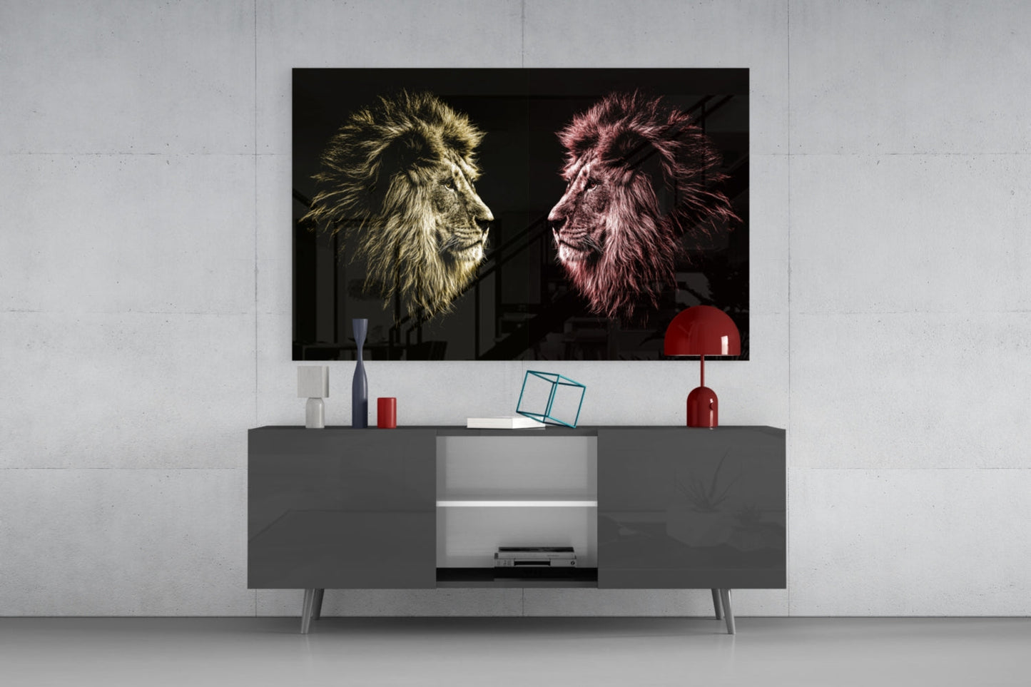 Gold Pink Facing Lions Glass Wall Art