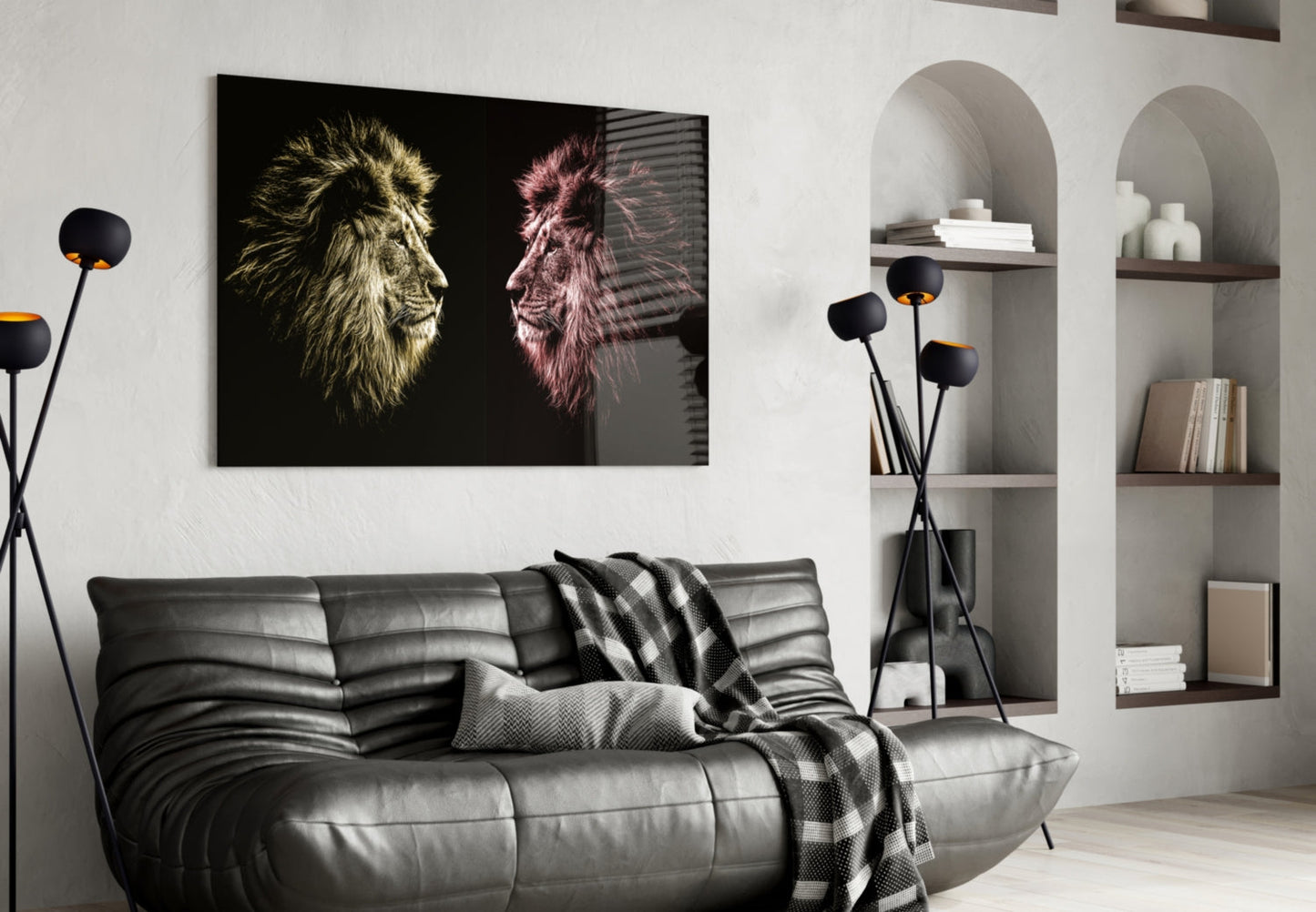 Gold Pink Facing Lions Glass Wall Art