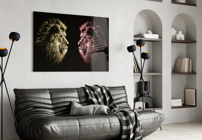 Gold Pink Facing Lions Glass Wall Art