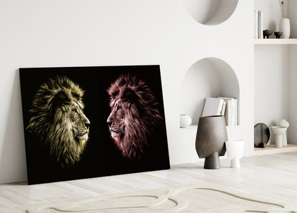 Gold Pink Facing Lions Glass Wall Art
