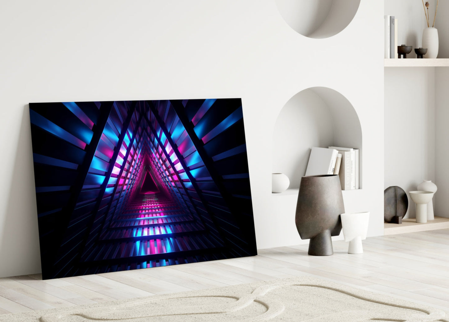 Pink Blue Triangle Neon Tunnel Glass Wall Art