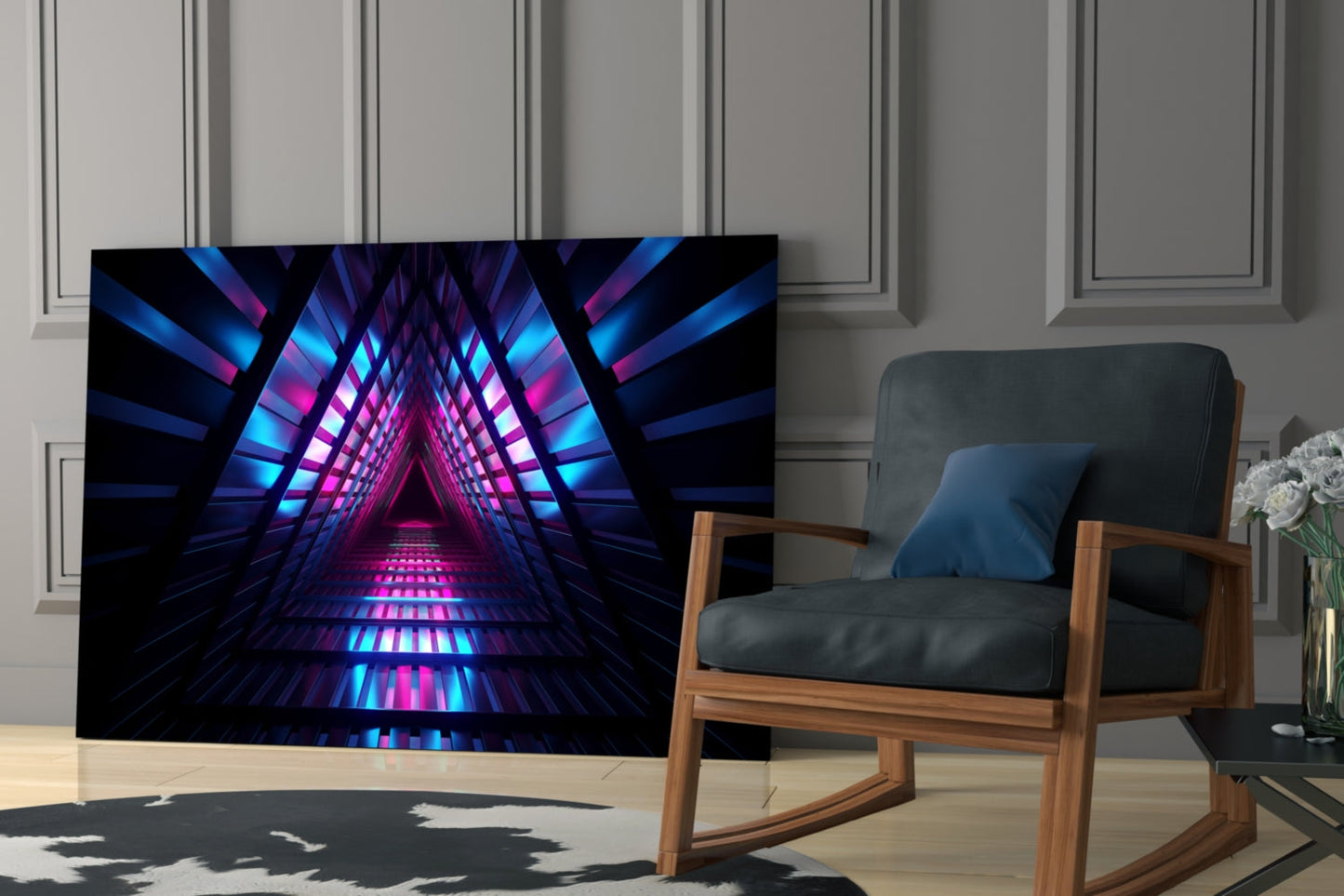 Pink Blue Triangle Neon Tunnel Glass Wall Art