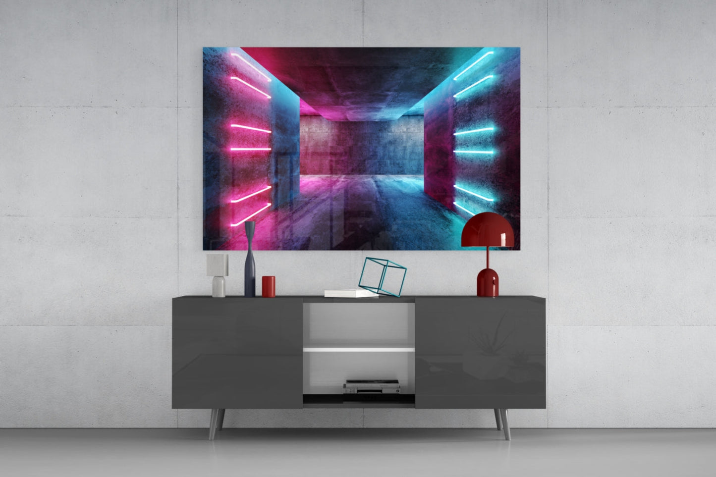 Pink Blue Neon Concrete Room Glass Wall Art