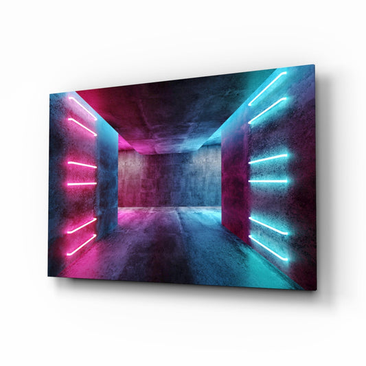 A perspective view of a neon-lit concrete corridor with pink and cyan lights on alternating walls, displayed as a tilted glass wall art print.