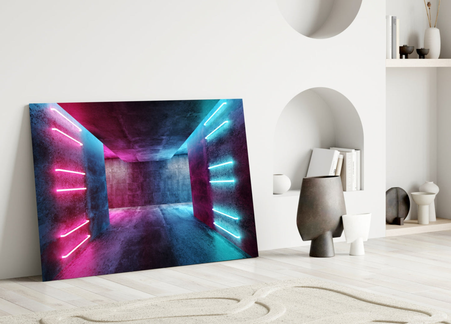 Pink Blue Neon Concrete Room Glass Wall Art