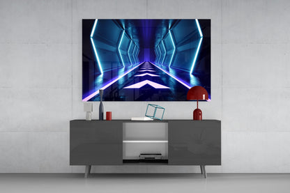 Blue Neon Chevron Corridor Glass Wall Art