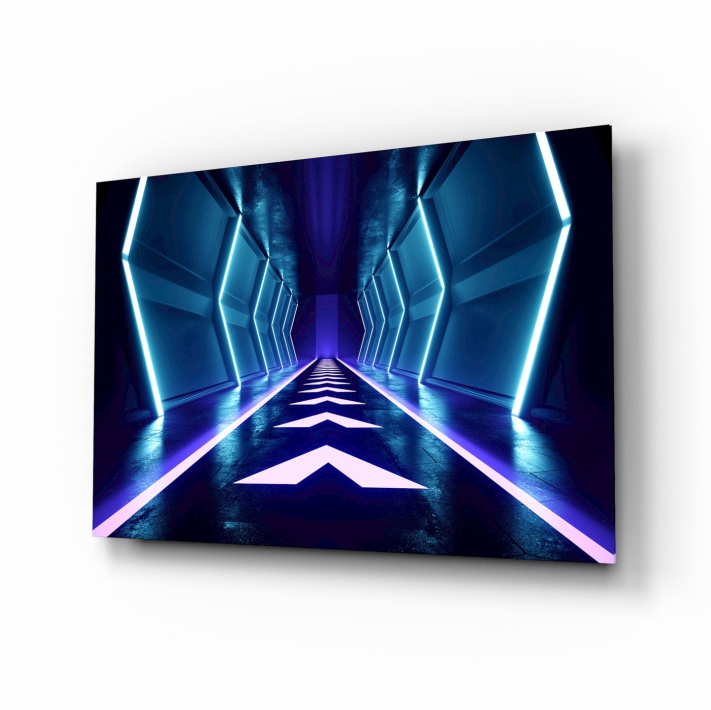 Blue Neon Chevron Corridor Glass Wall Art