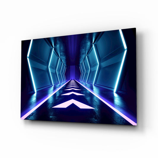 Perspective view of a glass wall art panel displaying a neon-lit corridor with cyan and purple chevron patterns converging toward a vanishing point.