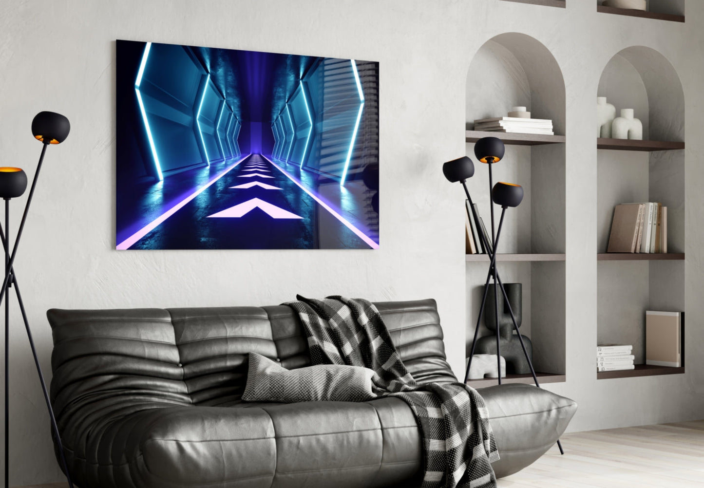 Blue Neon Chevron Corridor Glass Wall Art