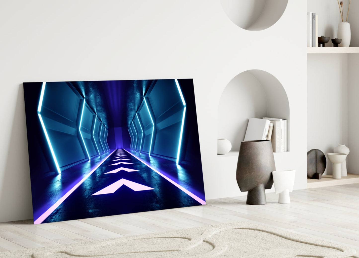 Blue Neon Chevron Corridor Glass Wall Art