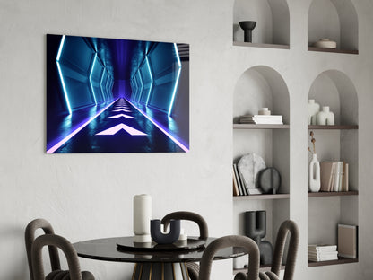 Blue Neon Chevron Corridor Glass Wall Art