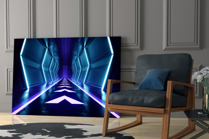 Blue Neon Chevron Corridor Glass Wall Art