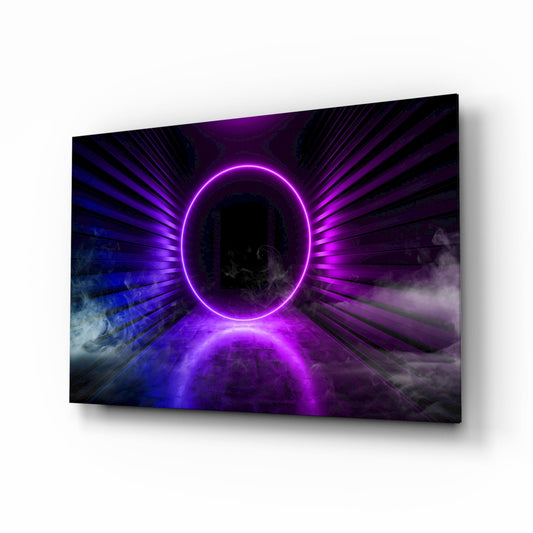 Angled product view of glass wall art featuring a glowing purple neon oval ring with radiating blue and purple light streaks against a dark background.