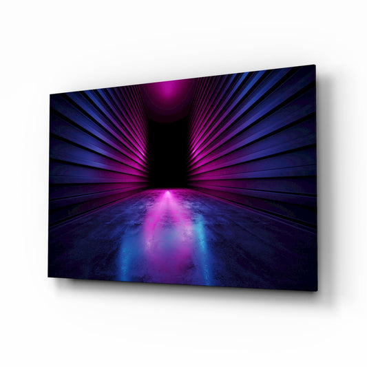 Glass wall art panel displaying a perspective view of a tunnel with radiating magenta and blue neon light rays converging toward a central vanishing point.