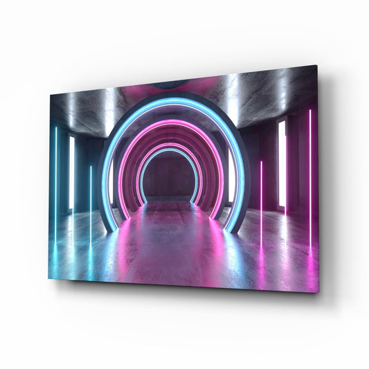 Angled perspective view of neon tunnel glass art with concentric cyan and magenta glowing arches on concrete floor.