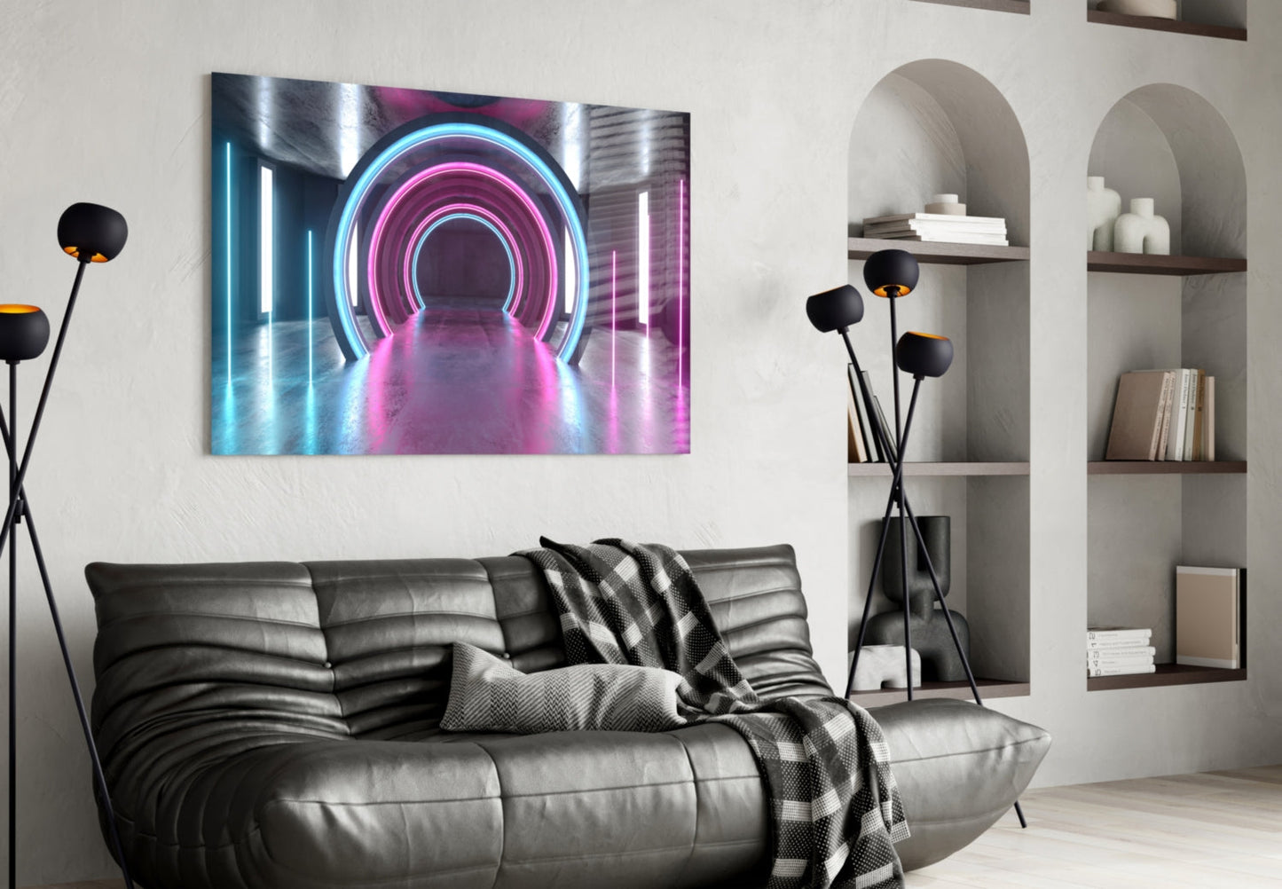 Concentric Neon Arch Tunnel Glass Wall Art