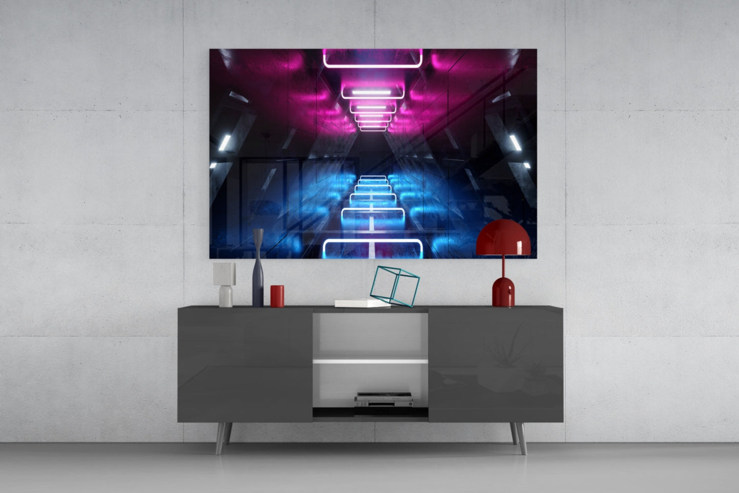 Pink Blue Neon Frame Tunnel Glass Wall Art